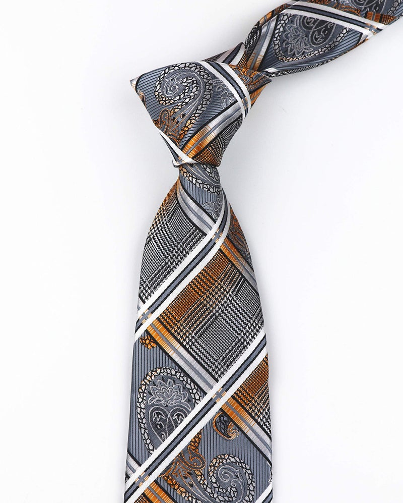 Elfeves Men's Grey Gold Orange Ties Silk Luxury Unique Designer Cool Self Dress Neckties - Image 4